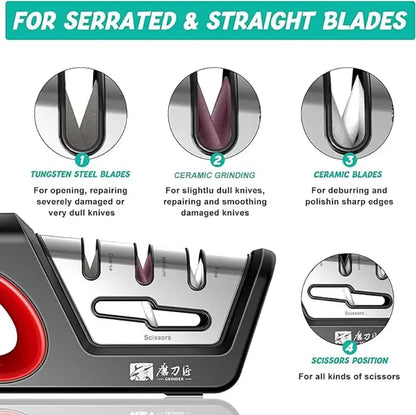 Four in one kitchen sharpener restores serrated blade