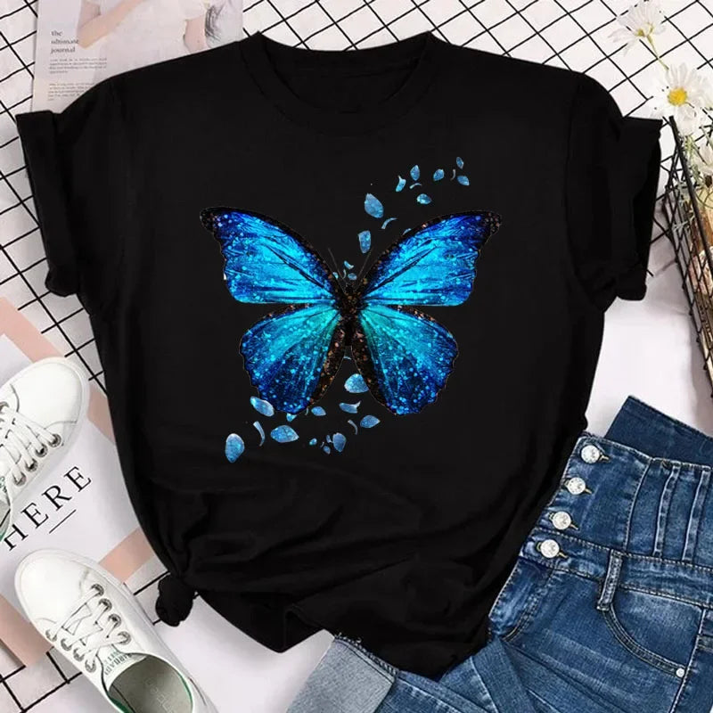 Women's Colorful Butterfly Petal Print T-Shirt