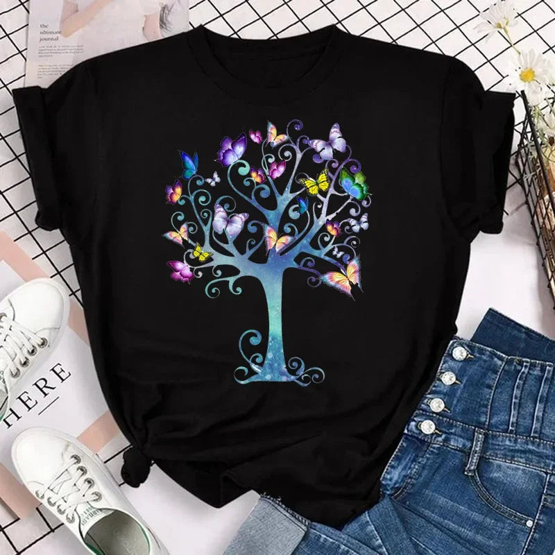 Women's Colorful Butterfly Petal Print T-Shirt