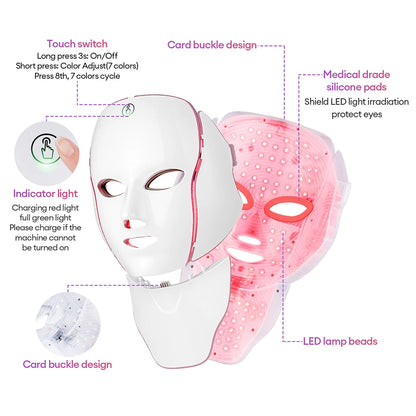 7 Colors LED Facial Mask with Neck LED Light Photon Mask