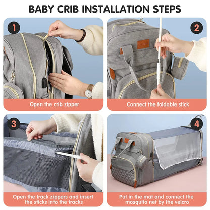 3 In 1 Diaper Bag Backpack Foldable Baby Bed