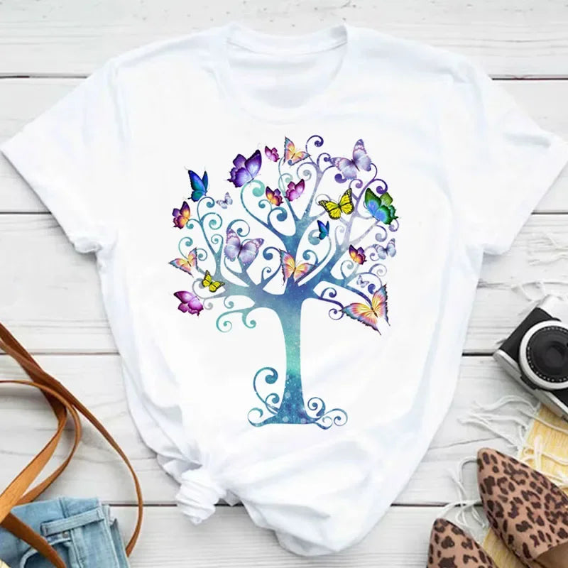 Women's Colorful Butterfly Petal Print T-Shirt