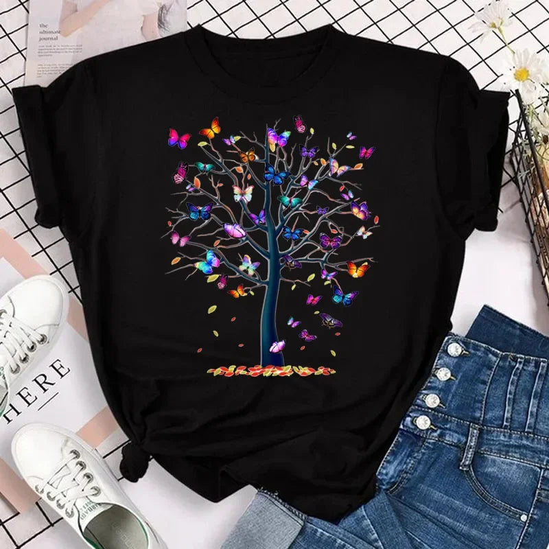 Women's Colorful Butterfly Petal Print T-Shirt