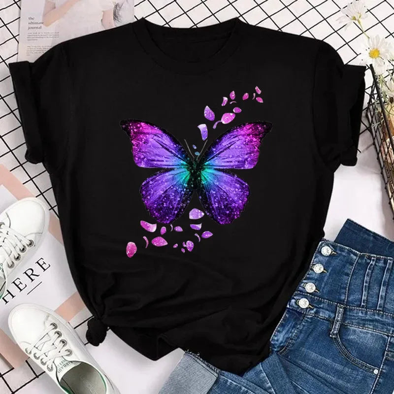 Women's Colorful Butterfly Petal Print T-Shirt