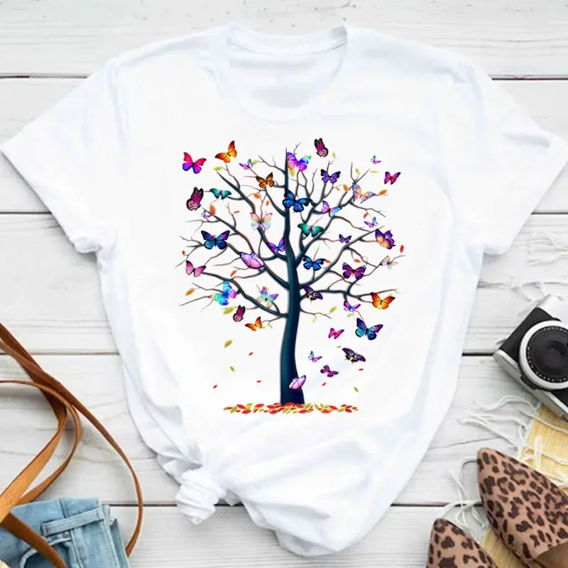 Women's Colorful Butterfly Petal Print T-Shirt