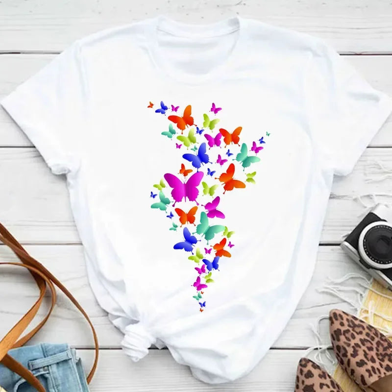 Women's Colorful Butterfly Petal Print T-Shirt