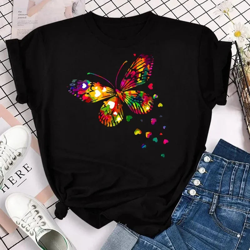 Women's Colorful Butterfly Petal Print T-Shirt