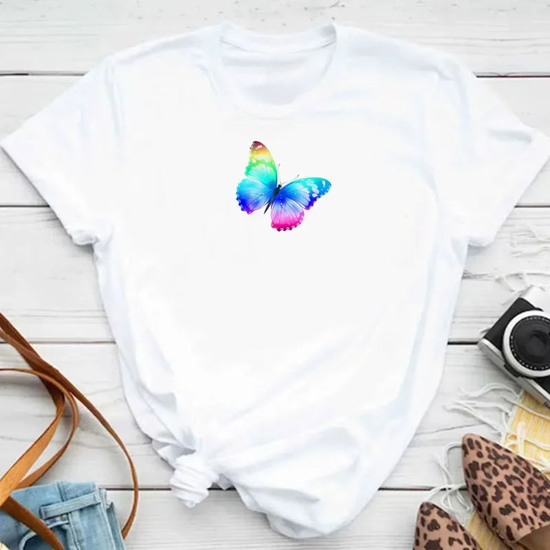Women's Colorful Butterfly Petal Print T-Shirt