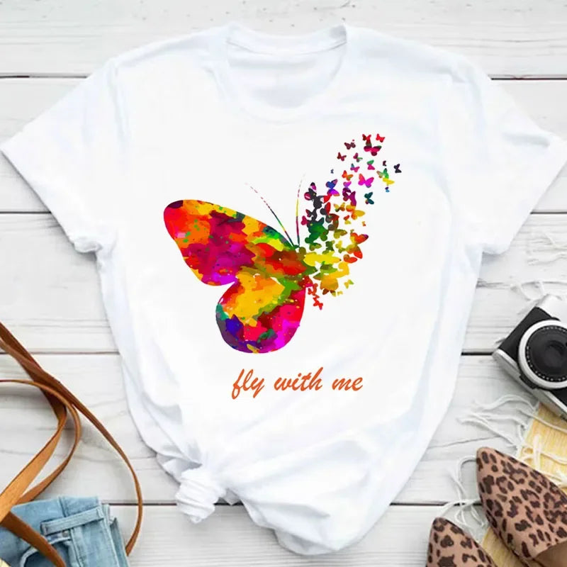 Women's Colorful Butterfly Petal Print T-Shirt