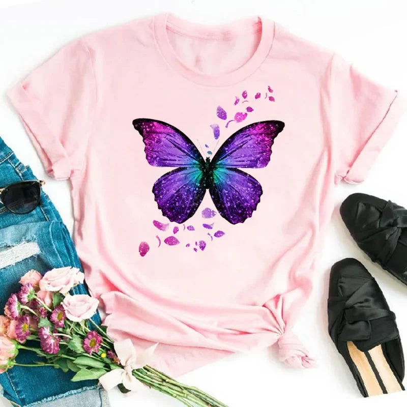 Women's Colorful Butterfly Petal Print T-Shirt
