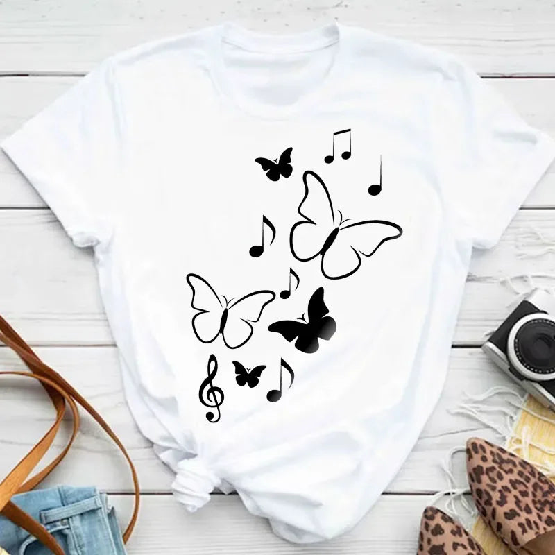 Women's Colorful Butterfly Petal Print T-Shirt