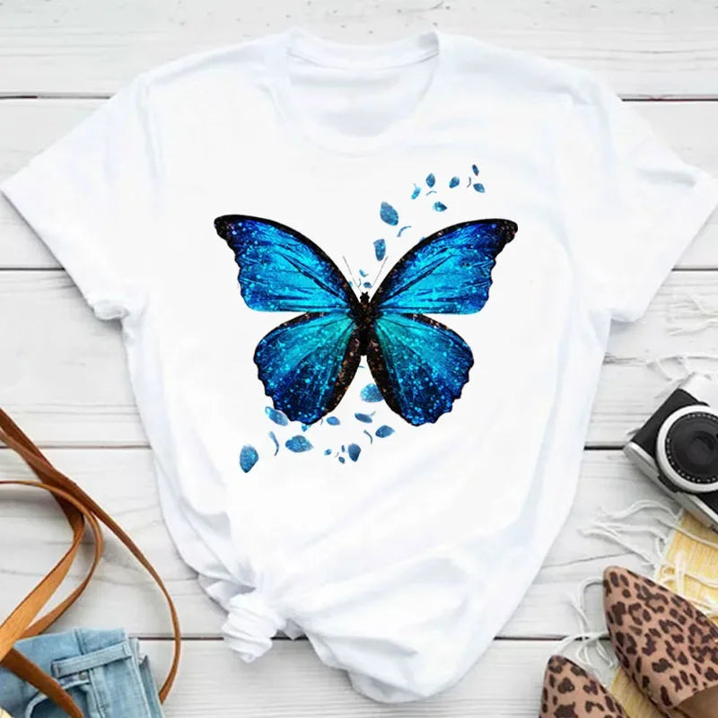 Women's Colorful Butterfly Petal Print T-Shirt