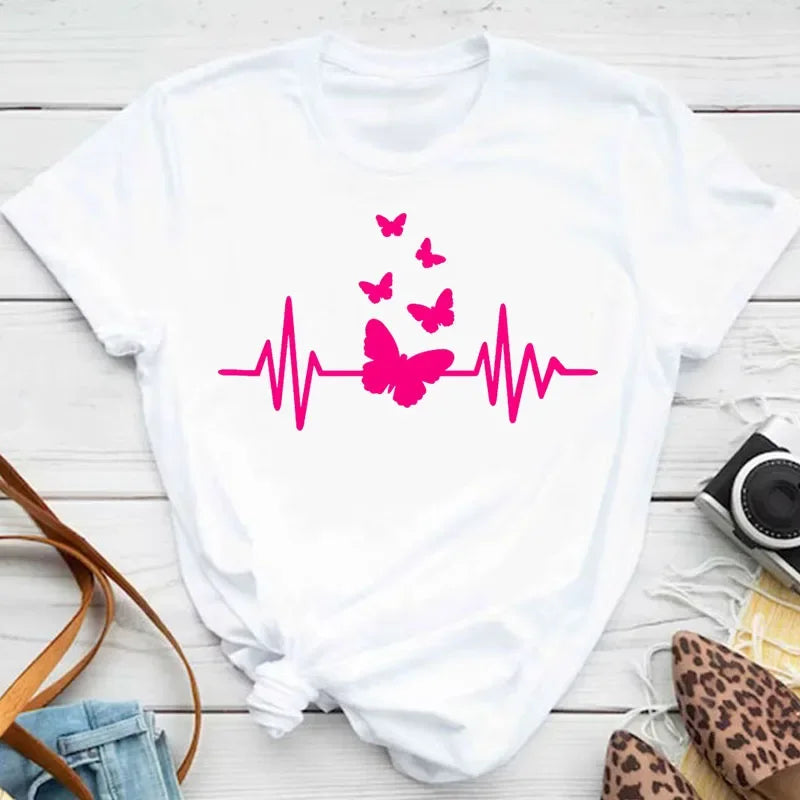 Women's Colorful Butterfly Petal Print T-Shirt