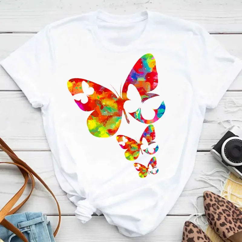 Women's Colorful Butterfly Petal Print T-Shirt