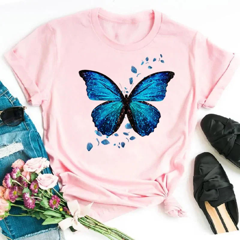Women's Colorful Butterfly Petal Print T-Shirt
