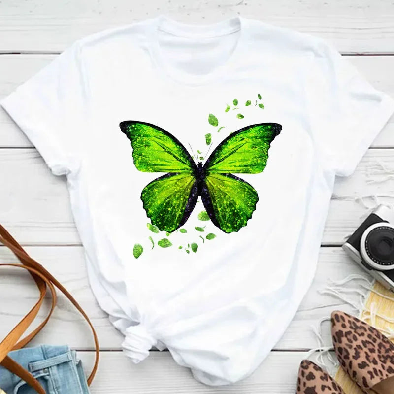 Women's Colorful Butterfly Petal Print T-Shirt